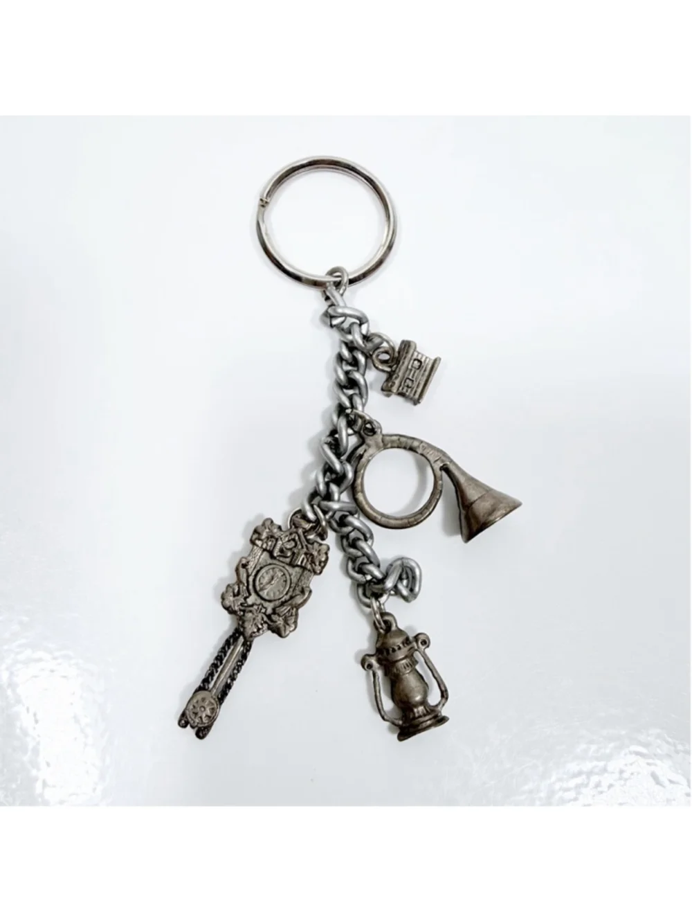 VTG Silversmith Style Alpine German Souvenir Charm Key Ring Lantern Cuckoo Clock